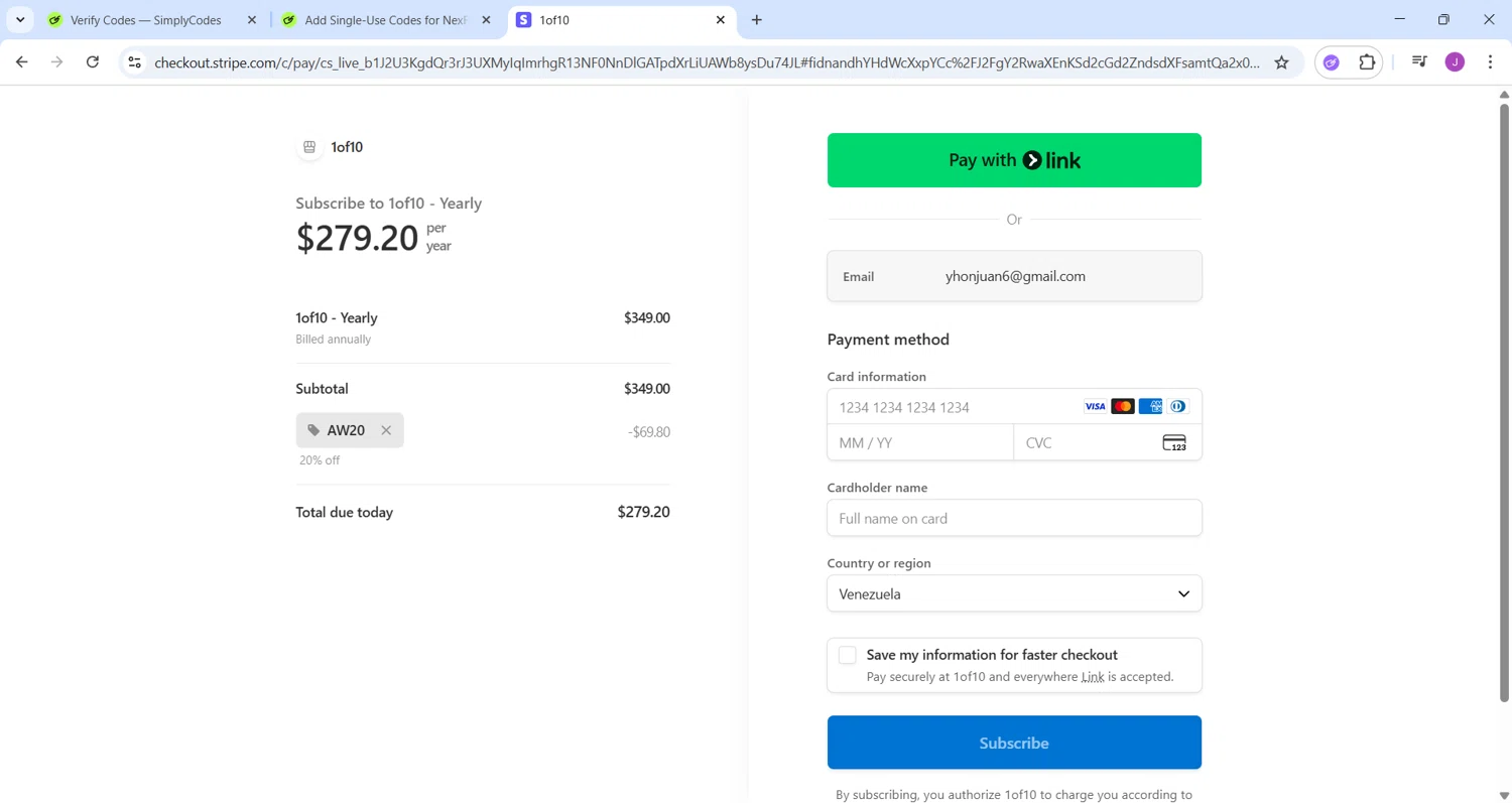 1of10 promo code screenshot showing code AW20 applied at 1of10 checkout page. Uploaded by SimplyCodes community member CleverChaser8361 on Oct 7, 2025