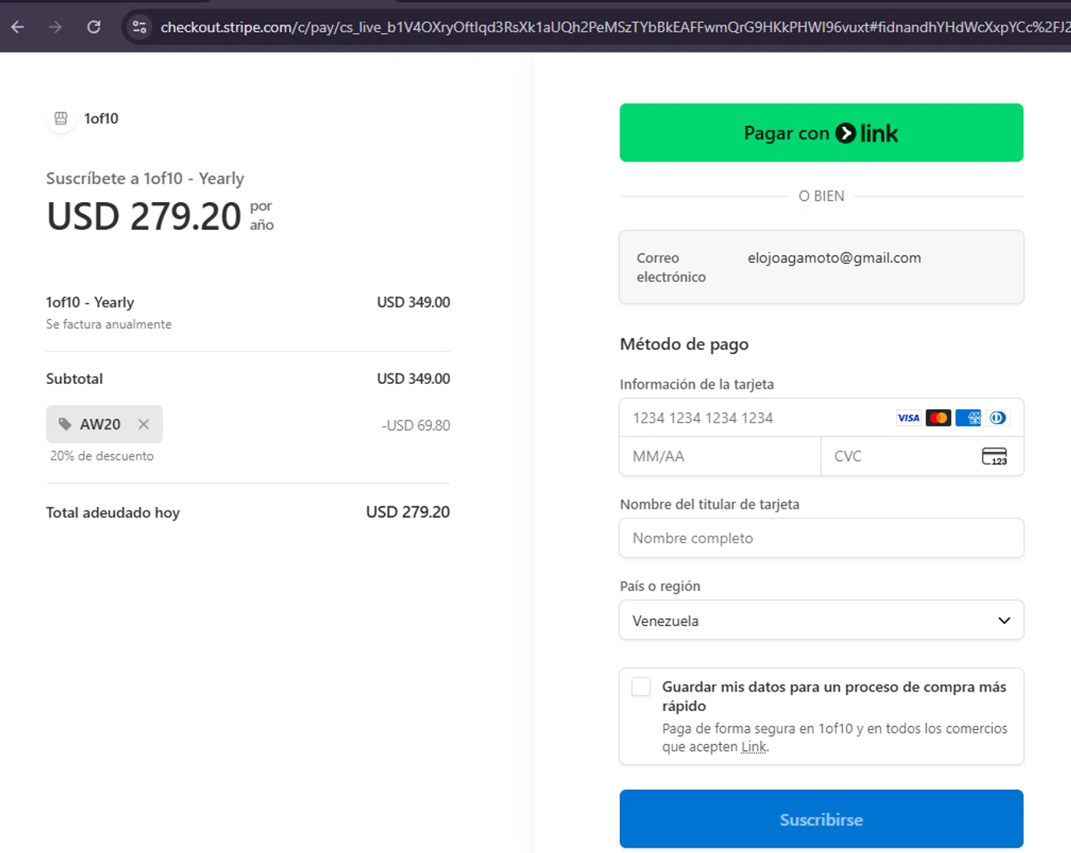 1of10 promo code screenshot showing code AW20 applied at 1of10 checkout page. Uploaded by SimplyCodes community member MoneySage8222 on Dec 3, 2025
