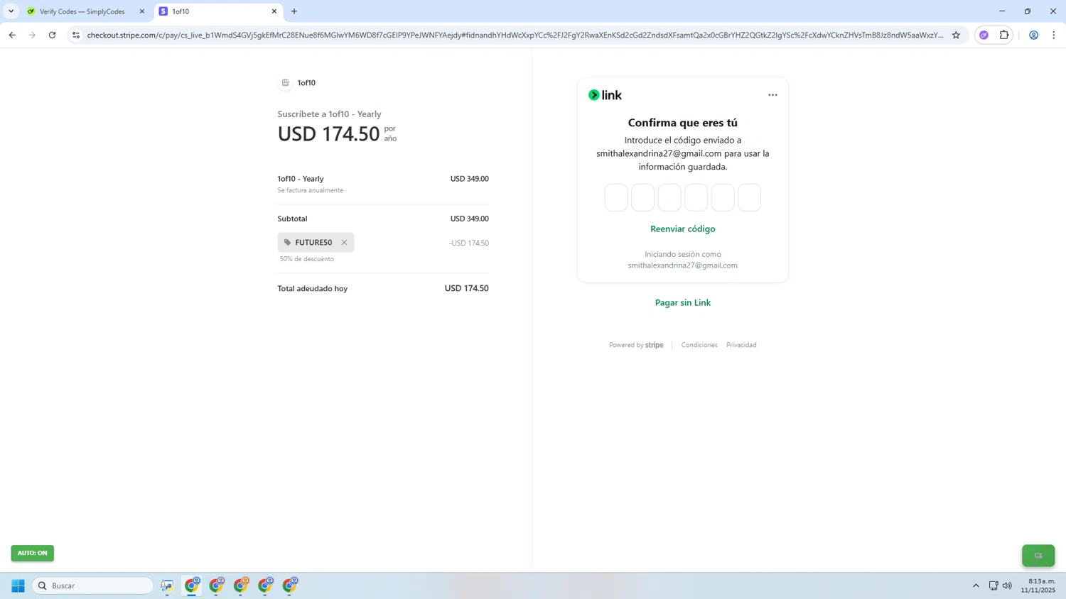 1of10 promo code screenshot showing code future50 applied at 1of10 checkout page. Uploaded by SimplyCodes community member MRYORMAN on Nov 11, 2025