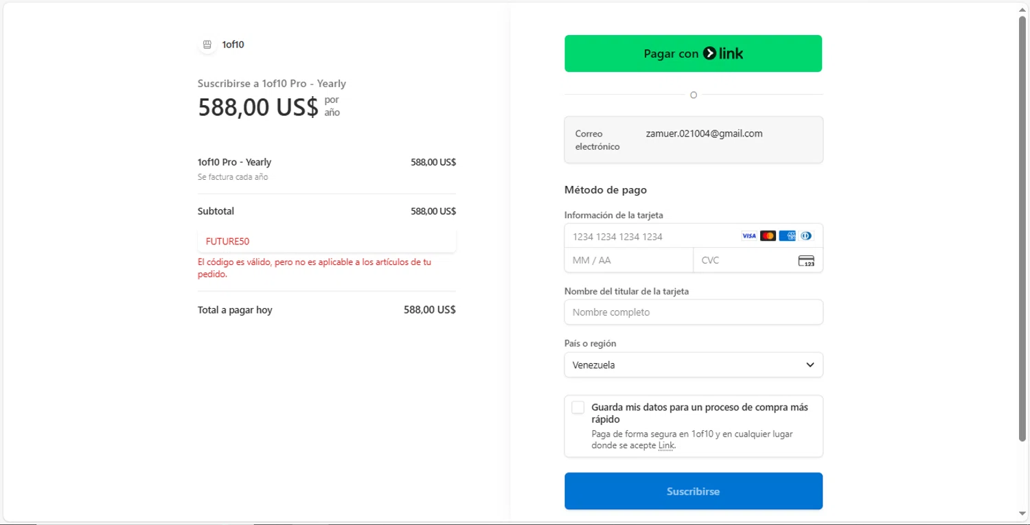 1of10 promo code screenshot showing code future50 applied at 1of10 checkout page. Uploaded by SimplyCodes community member MagnificentVirtuoso8433 on Nov 11, 2025
