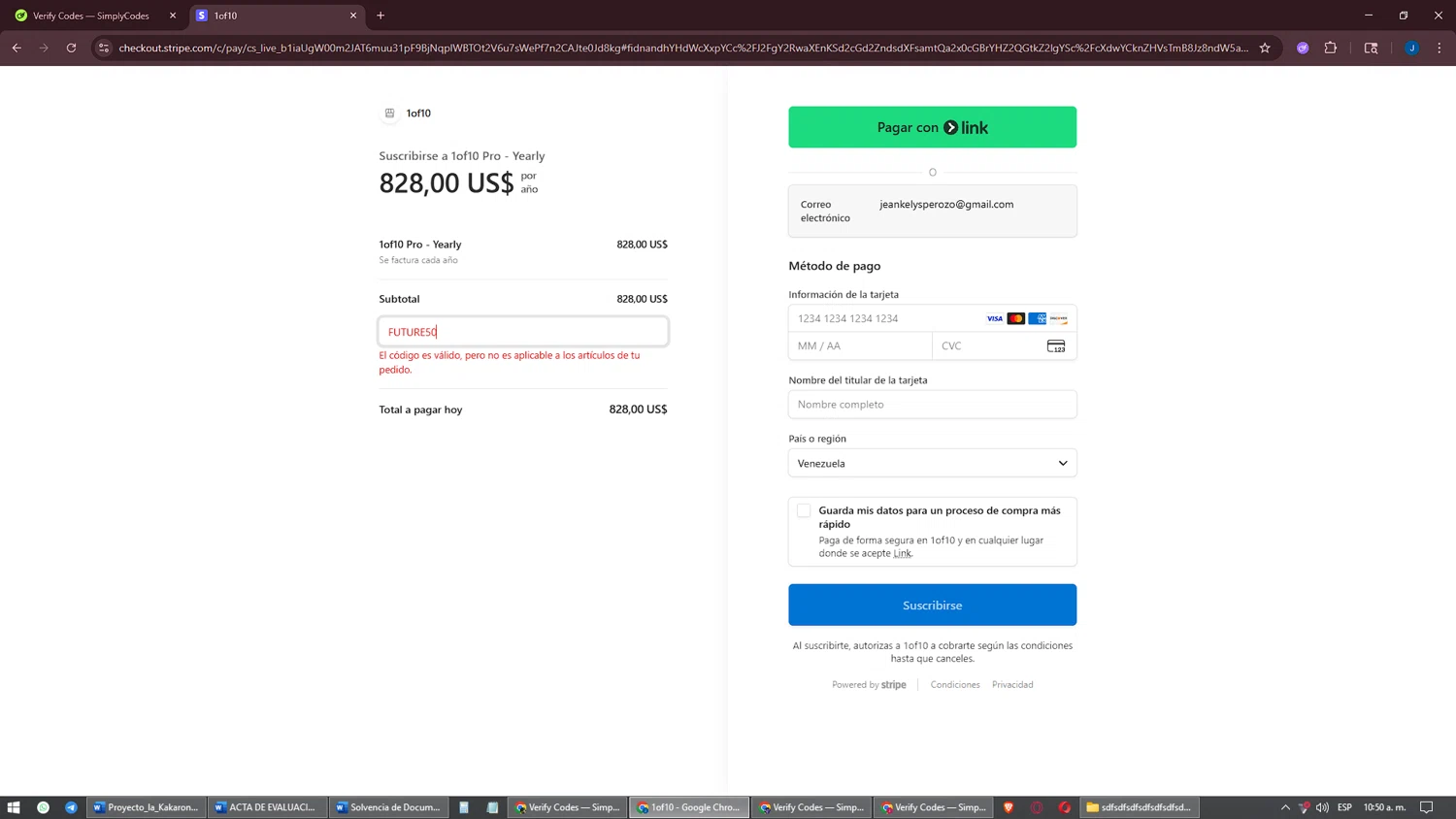 1of10 promo code screenshot showing code future50 applied at 1of10 checkout page. Uploaded by SimplyCodes community member oscarbeaujon on Oct 13, 2025