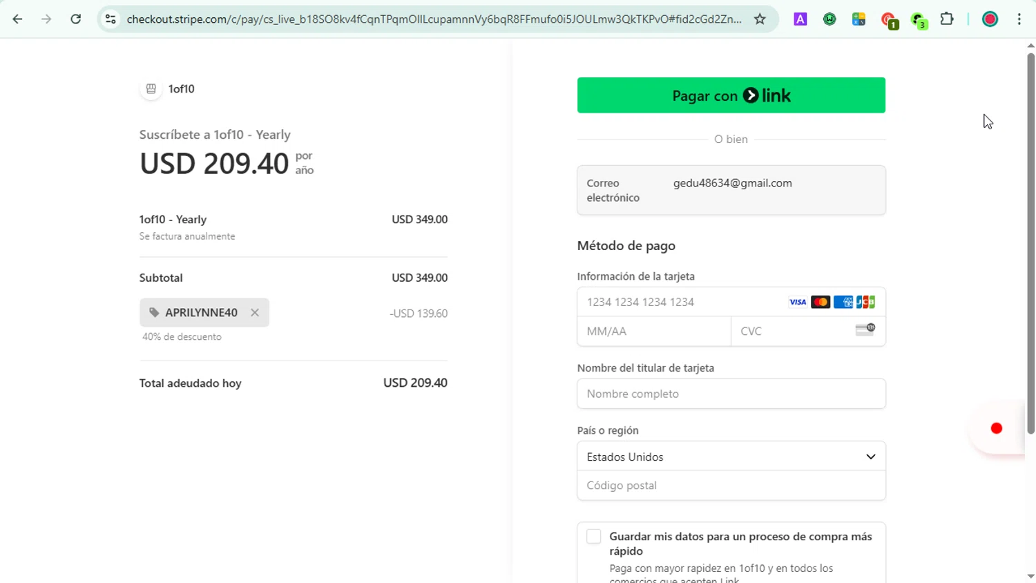 1of10 promo code screenshot showing code aprilynne40 applied at 1of10 checkout page. Uploaded by SimplyCodes community member LOVECOUPON on Jul 19, 2025