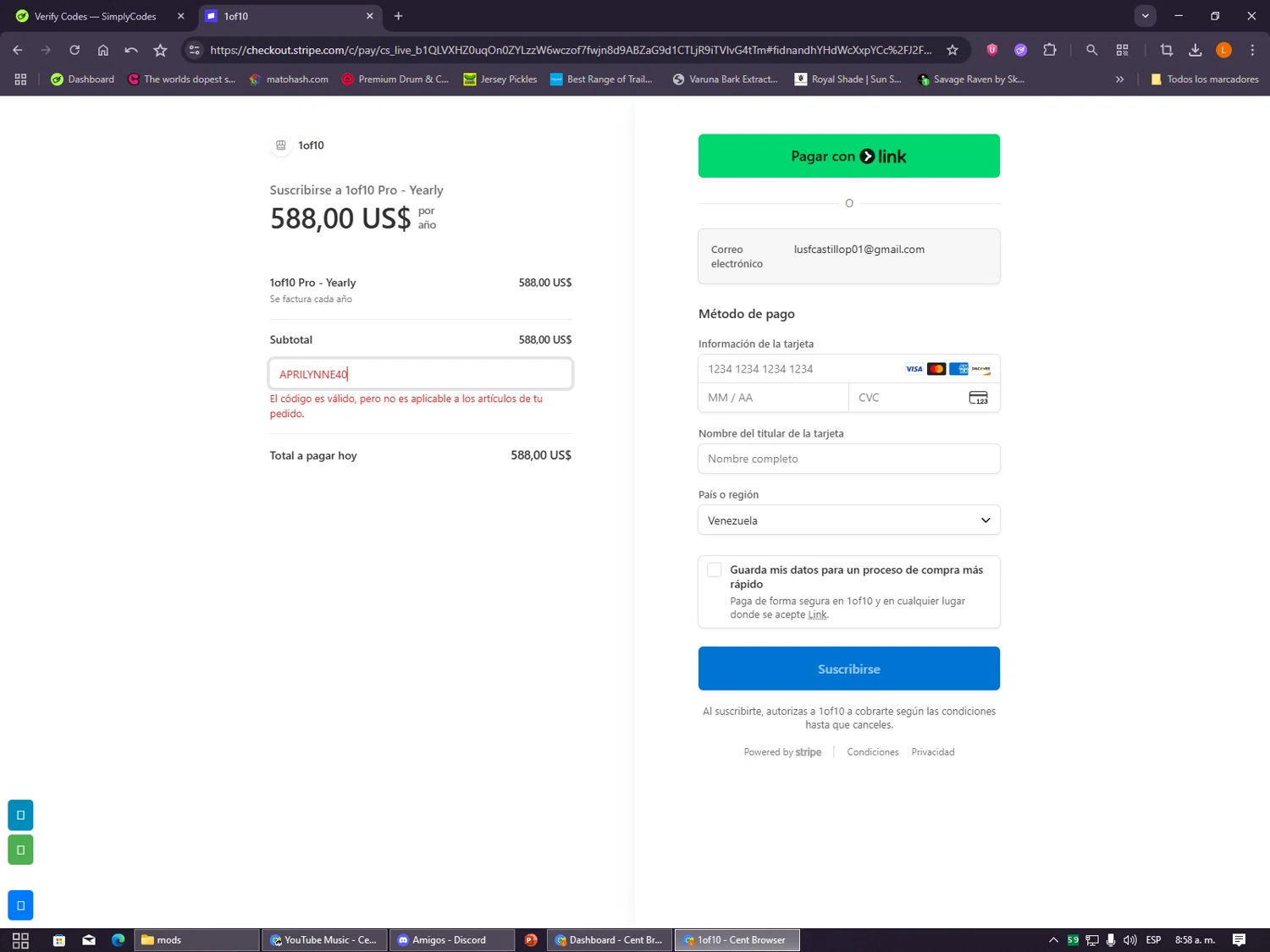 1of10 promo code screenshot showing code aprilynne40 applied at 1of10 checkout page. Uploaded by SimplyCodes community member VayneChambeadora on Dec 11, 2025