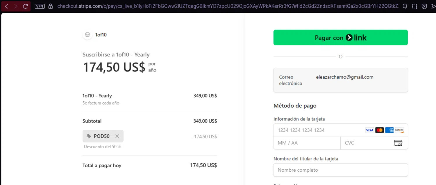 1of10 promo code screenshot showing code POD50 applied at 1of10 checkout page. Uploaded by SimplyCodes community member Elzhark26 on Sep 17, 2025