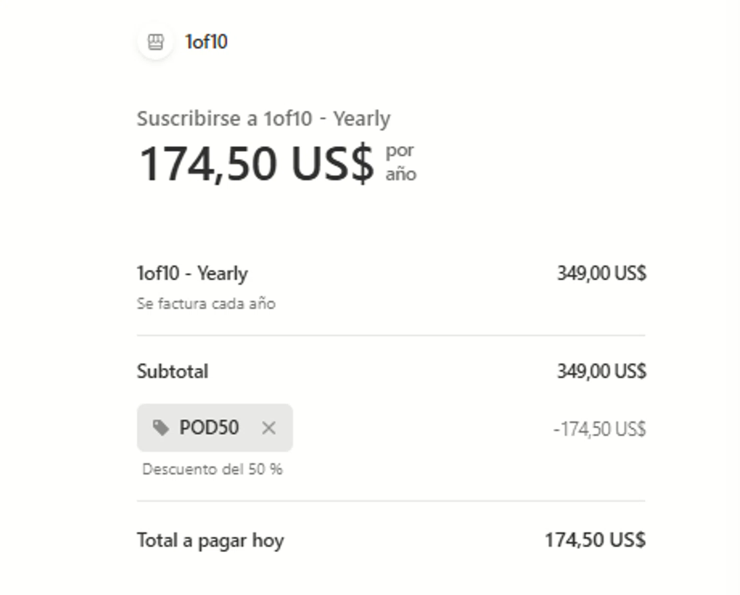 1of10 promo code screenshot showing code POD50 applied at 1of10 checkout page. Uploaded by SimplyCodes community member a2d2c2d211 on Dec 2, 2025