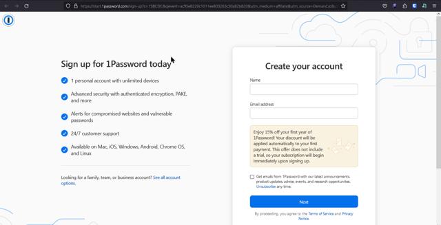 1Password checkout page showing 1Password coupon code box | Screenshot taken by SimplyCodes community member on Nov 28, 2023