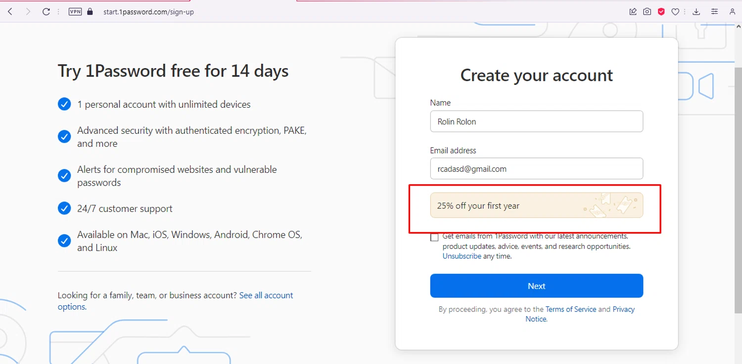 where to use 1Password promo code box