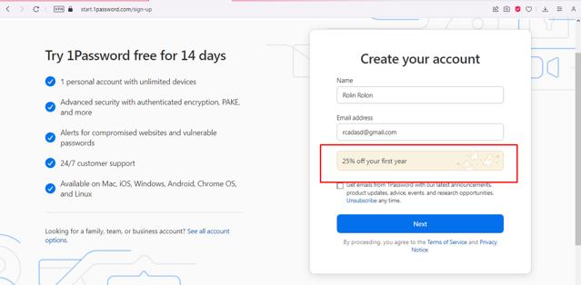 1Password checkout page showing 1Password coupon code box | Screenshot taken by SimplyCodes community member on Nov 4, 2023