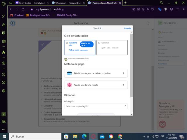 1Password checkout page showing 1Password coupon code box | Screenshot taken by SimplyCodes community member on Nov 22, 2023