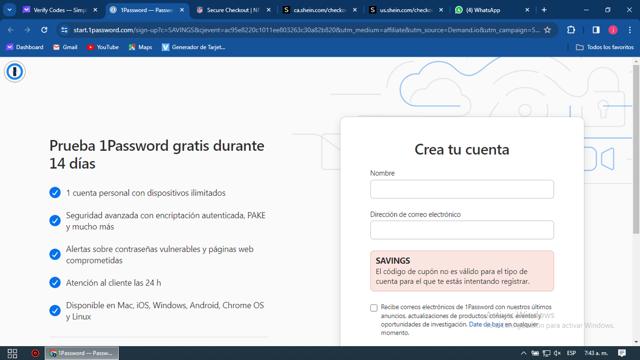 1Password checkout page showing 1Password coupon code box | Screenshot taken by SimplyCodes community member on Dec 11, 2023