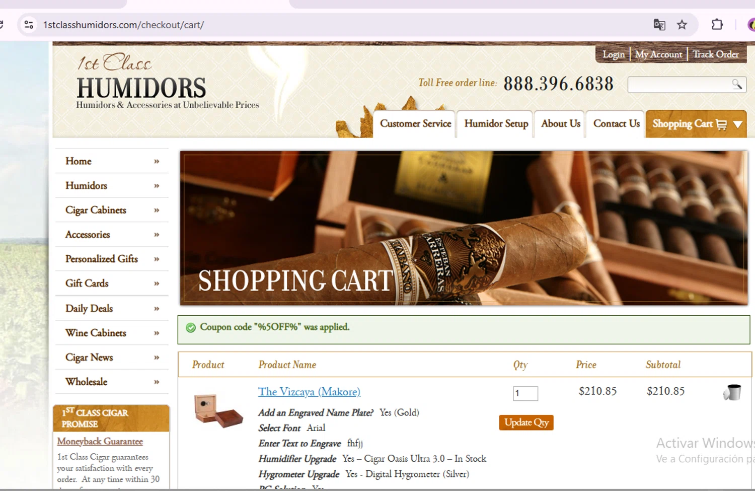 1st Class Cigar Humidors promo code screenshot showing code %5OFF% applied at 1st Class Cigar Humidors checkout page. Uploaded by SimplyCodes community member VictoriousFox7135 on Jul 8, 2025