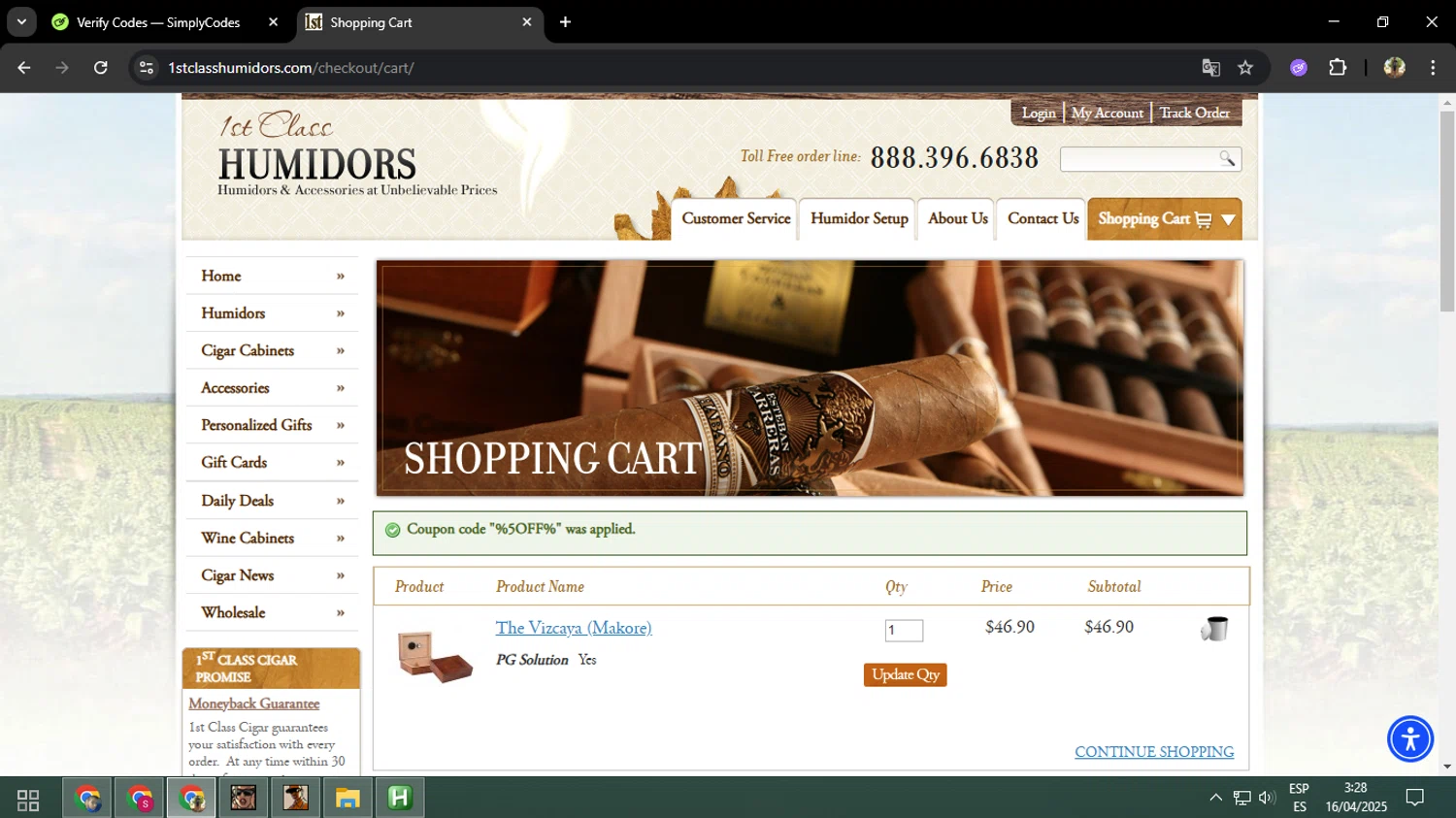 1st Class Cigar Humidors promo code screenshot showing code %5OFF% applied at 1st Class Cigar Humidors checkout page. Uploaded by SimplyCodes community member ELVERDEDESAMP on Apr 16, 2025