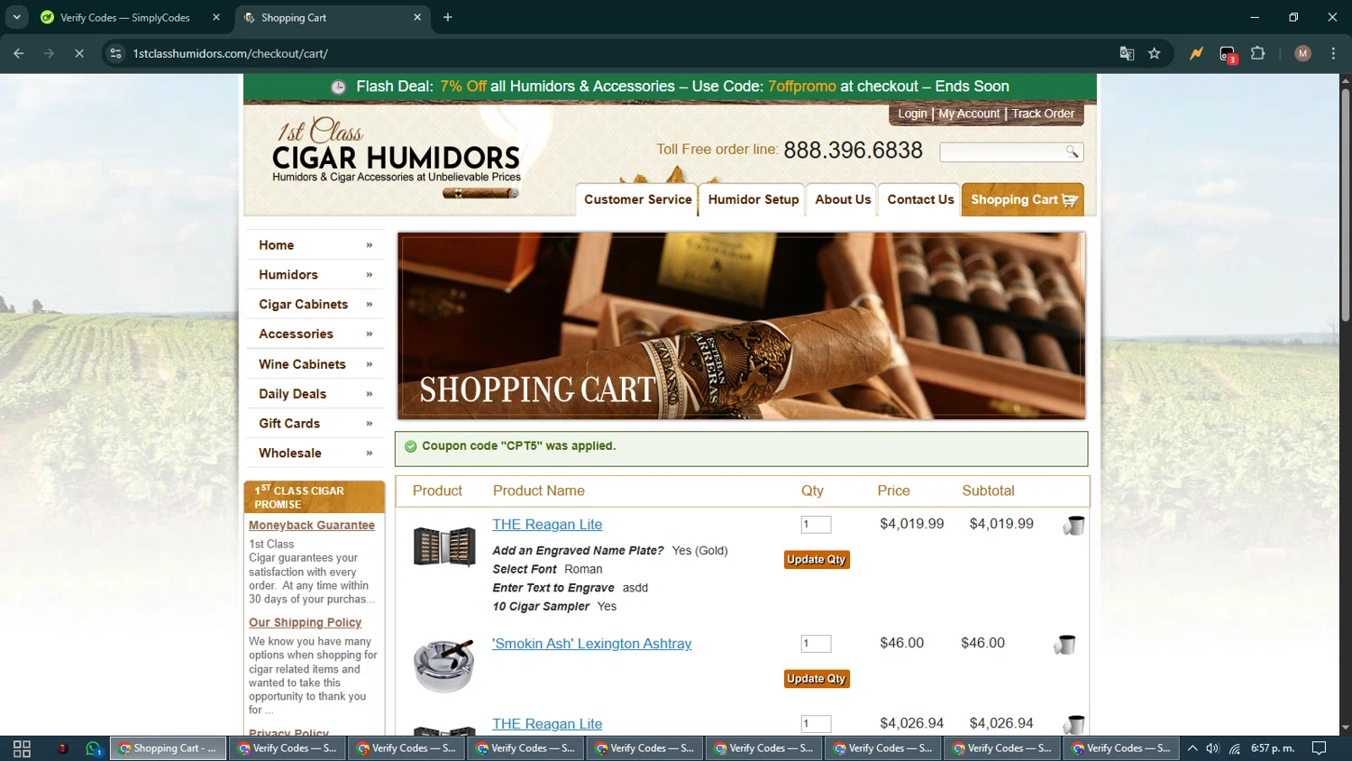 1st Class Cigar Humidors promo code screenshot showing code CPT5 applied at 1st Class Cigar Humidors checkout page. Uploaded by SimplyCodes community member DiscountTitan4635 on Aug 10, 2025