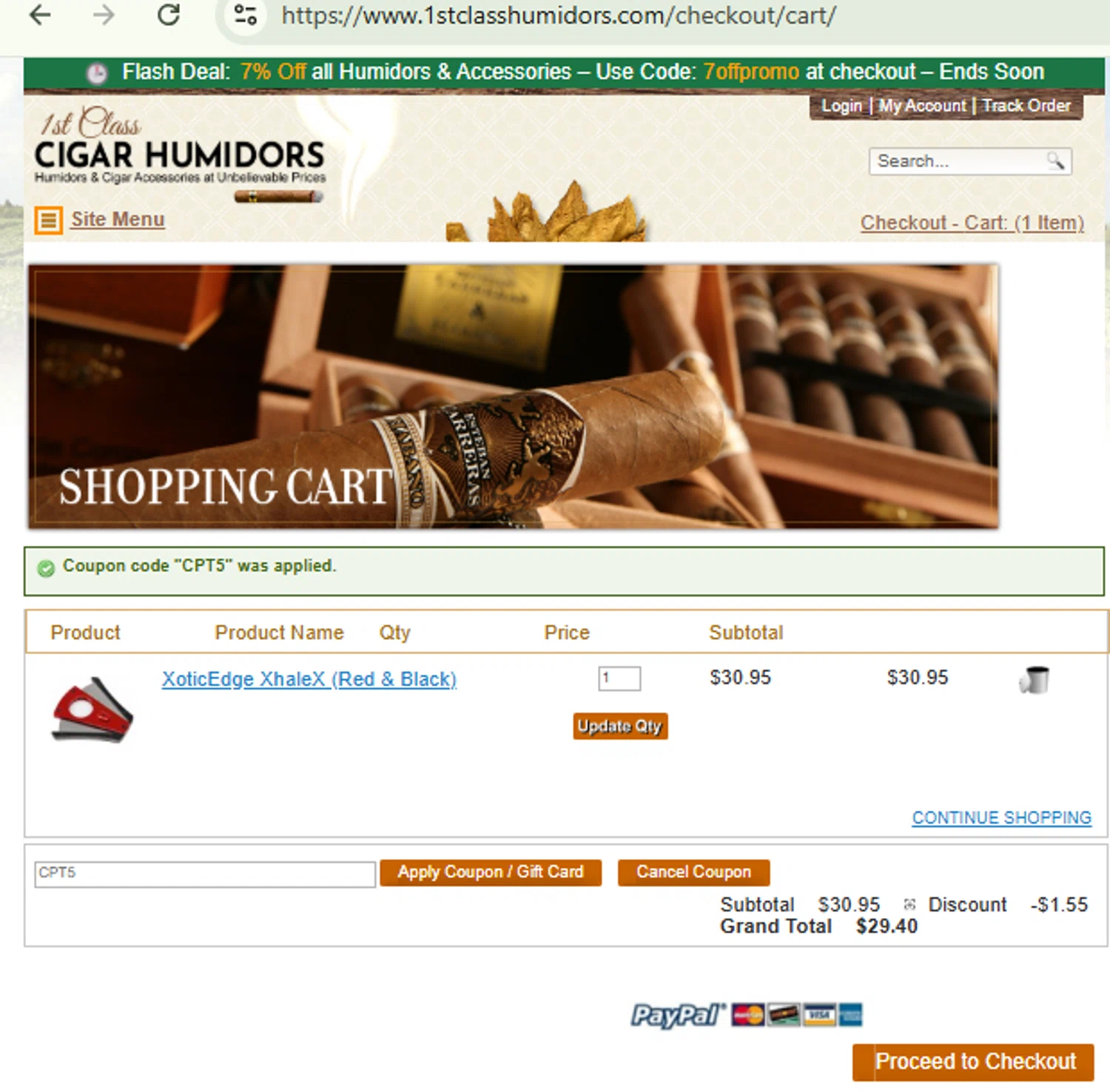 1st Class Cigar Humidors promo code screenshot showing code CPT5 applied at 1st Class Cigar Humidors checkout page. Uploaded by SimplyCodes community member RewardFinder4836 on Oct 23, 2025