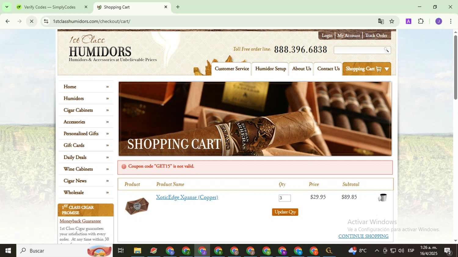 1st Class Cigar Humidors promo code screenshot showing code GET15 applied at 1st Class Cigar Humidors checkout page. Uploaded by SimplyCodes community member PromoHunter9043 on Apr 16, 2025