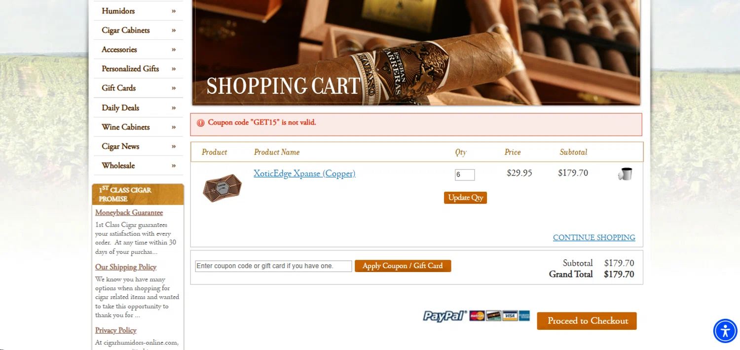 1st Class Cigar Humidors promo code screenshot showing code GET15 applied at 1st Class Cigar Humidors checkout page. Uploaded by SimplyCodes community member juanisaac on Feb 21, 2025
