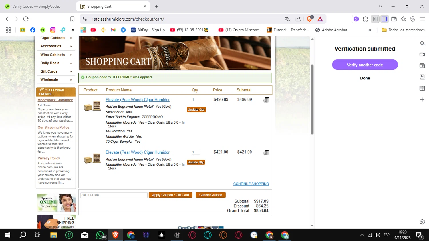 1st Class Cigar Humidors promo code screenshot showing code 7OFFPROMO applied at 1st Class Cigar Humidors checkout page. Uploaded by SimplyCodes community member Sungjinwoo on Nov 4, 2025