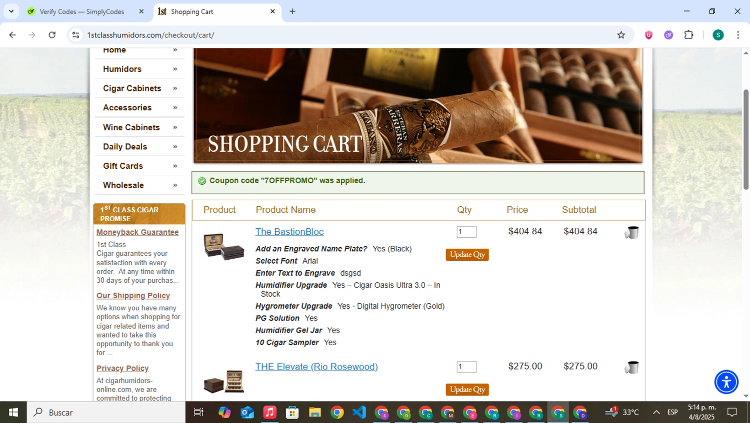 1st Class Cigar Humidors promo code screenshot showing code 7OFFPROMO applied at 1st Class Cigar Humidors checkout page. Uploaded by SimplyCodes community member VictoriousPilot5281 on Aug 4, 2025