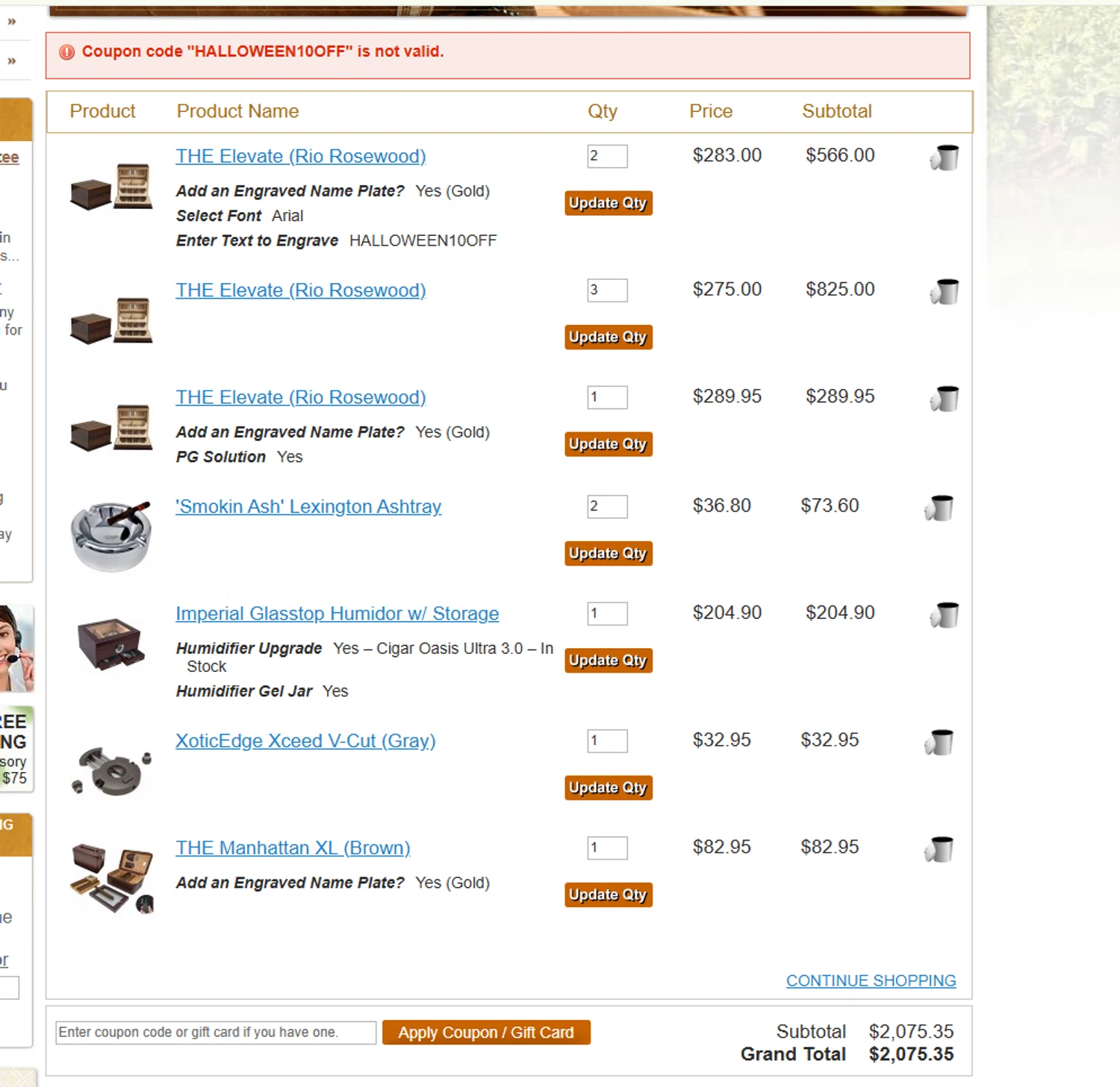 1st Class Cigar Humidors promo code screenshot showing code HALLOWEEN10OFF applied at 1st Class Cigar Humidors checkout page. Uploaded by SimplyCodes community member CouponLion324 on Oct 13, 2025