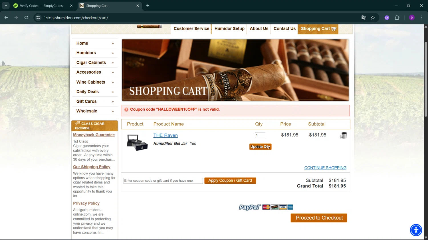 1st Class Cigar Humidors promo code screenshot showing code HALLOWEEN10OFF applied at 1st Class Cigar Humidors checkout page. Uploaded by SimplyCodes community member RoyalSleuth2430 on Oct 13, 2025