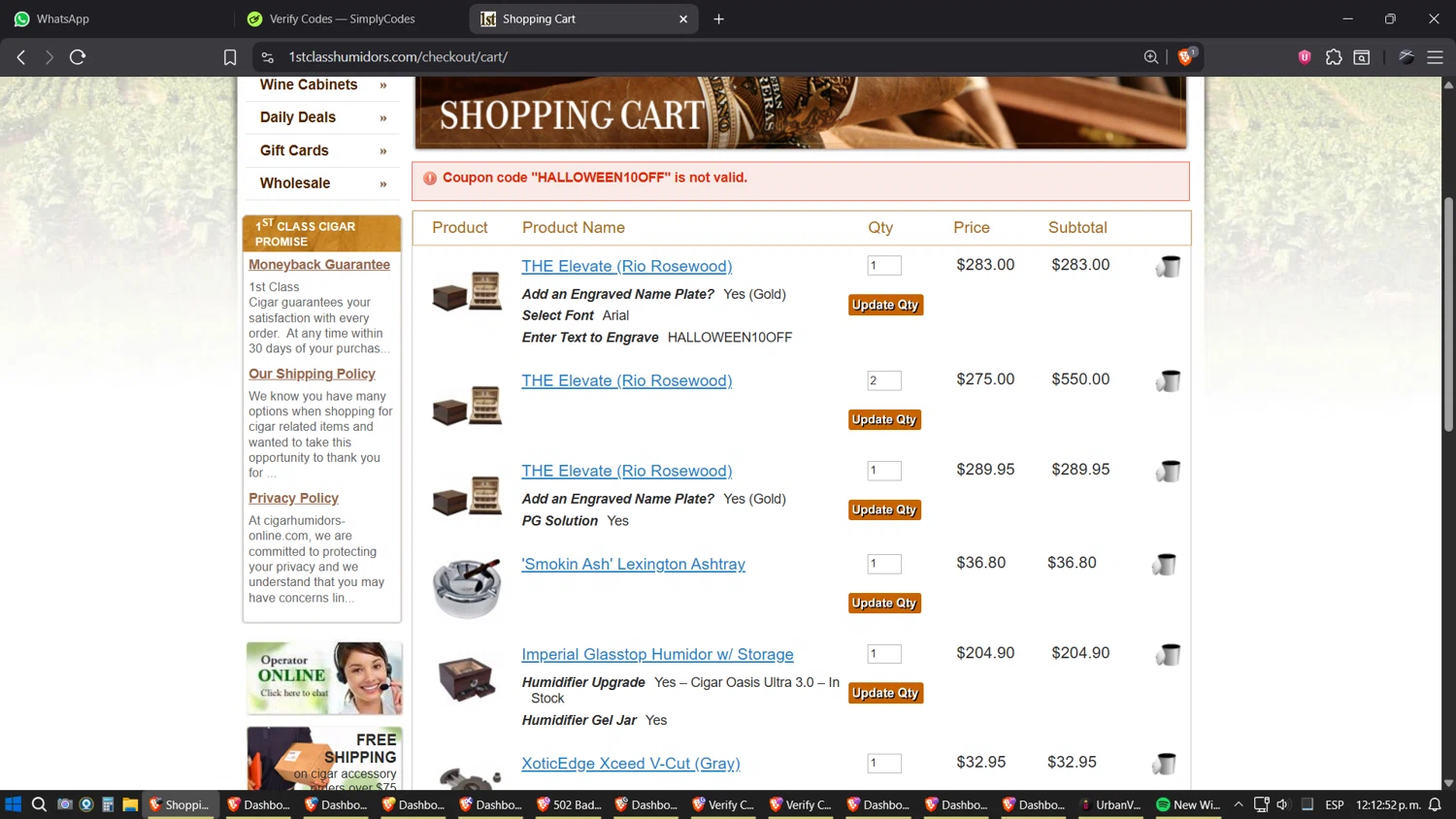 1st Class Cigar Humidors promo code screenshot showing code HALLOWEEN10OFF applied at 1st Class Cigar Humidors checkout page. Uploaded by SimplyCodes community member SimplyGOAT on Oct 13, 2025