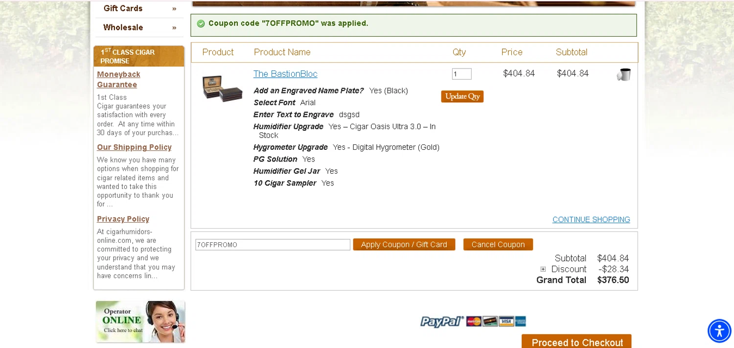 1st Class Cigar Humidors promo code screenshot showing code 7OFFPROMO applied at 1st Class Cigar Humidors checkout page. Uploaded by SimplyCodes community member MagnificentCurator5441 on Aug 4, 2025