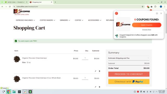 1st In Coffee checkout page showing 1st In Coffee promo code box | Screenshot taken by SimplyCodes community member on Dec 16, 2024