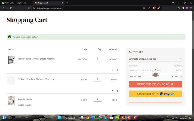 1st In Coffee checkout page showing 1st In Coffee promo code box | Screenshot taken by SimplyCodes community member on Dec 23, 2024