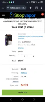 1 Stop Vapor coupon verification screenshot
