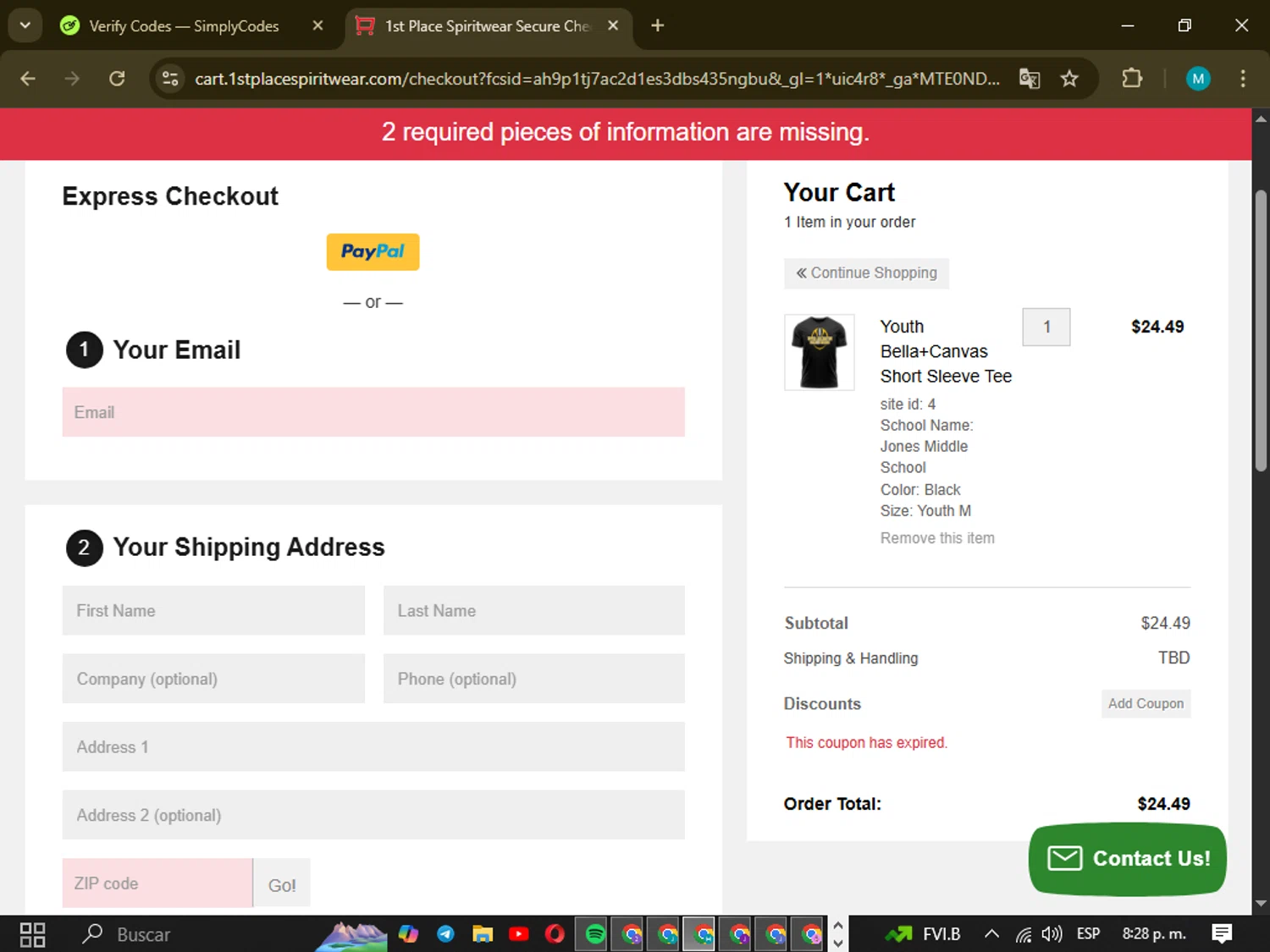 1st Place Spiritwear coupon code screenshot showing code Fan289 applied at 1st Place Spiritwear checkout page. Uploaded by SimplyCodes community member Micell on May 14, 2025
