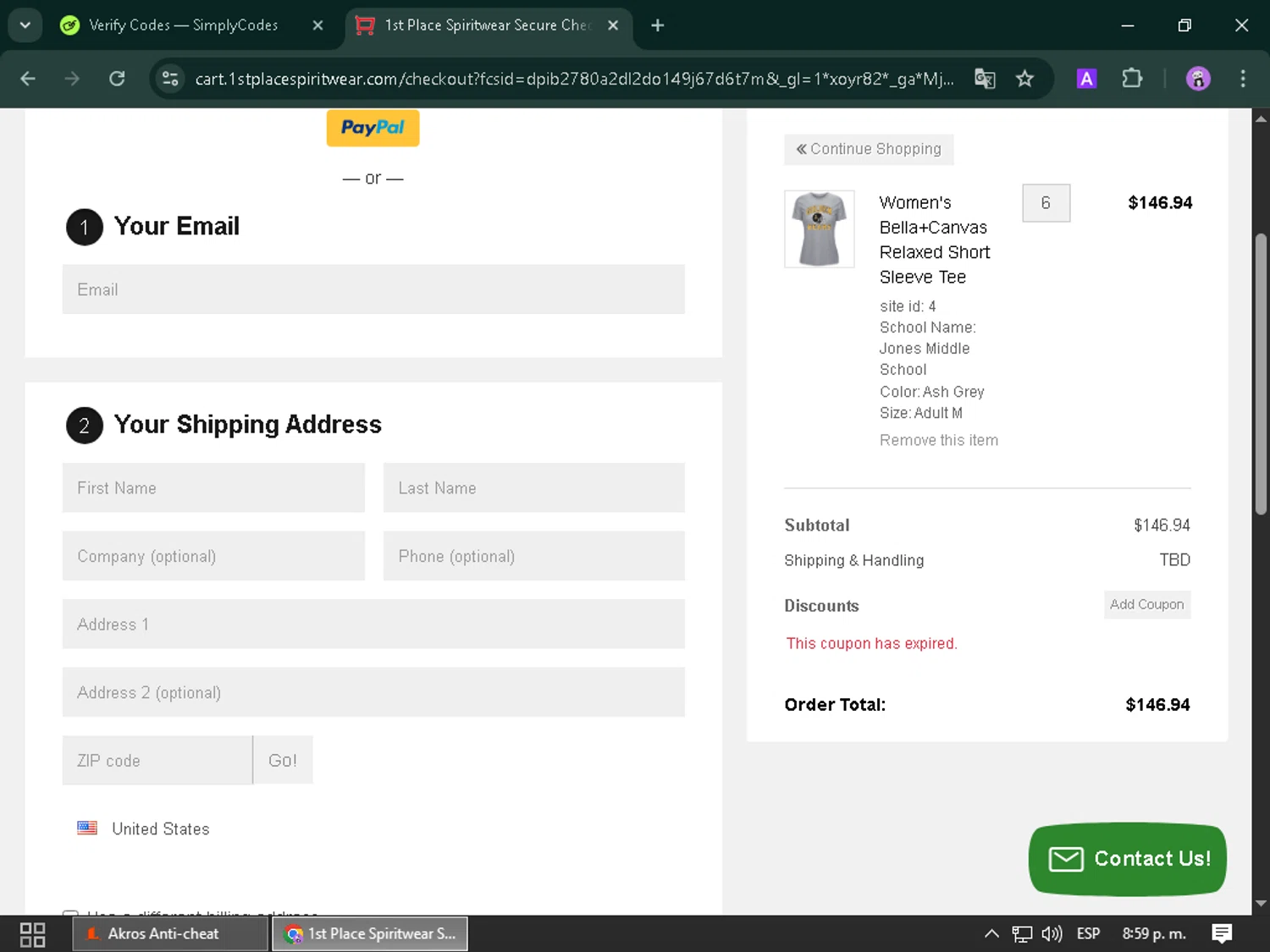1st Place Spiritwear coupon code screenshot showing code Fan289 applied at 1st Place Spiritwear checkout page. Uploaded by SimplyCodes community member ScanPhoenix3196 on May 14, 2025
