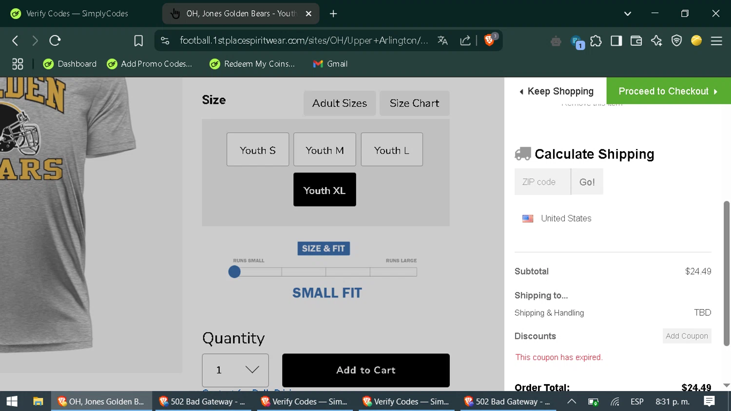 1st Place Spiritwear coupon code screenshot showing code Fan289 applied at 1st Place Spiritwear checkout page. Uploaded by SimplyCodes community member SaleOwl2150 on May 14, 2025