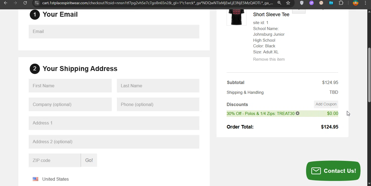 1st Place Spiritwear checkout page showing 1st Place Spiritwear coupon code box | Screenshot taken by SimplyCodes community member on Oct 31, 2025