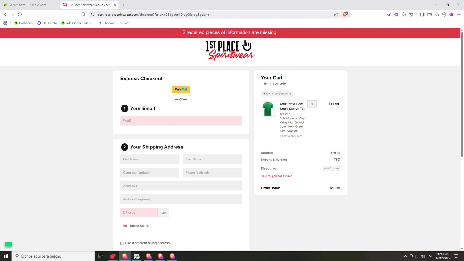 1st Place Spiritwear coupon code screenshot showing code TEE30 applied at 1st Place Spiritwear checkout page. Uploaded by SimplyCodes community member Nezukooo on Dec 14, 2025