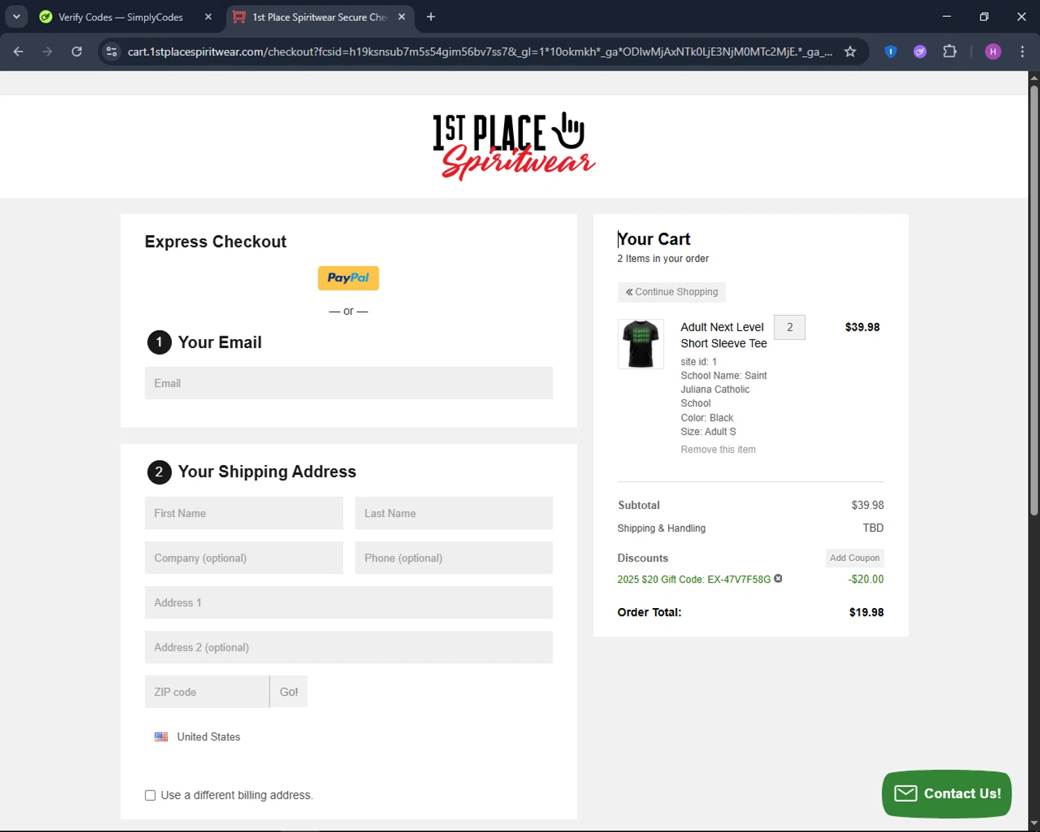 1st Place Spiritwear checkout page showing 1st Place Spiritwear coupon code box | Screenshot taken by SimplyCodes community member on Nov 17, 2025