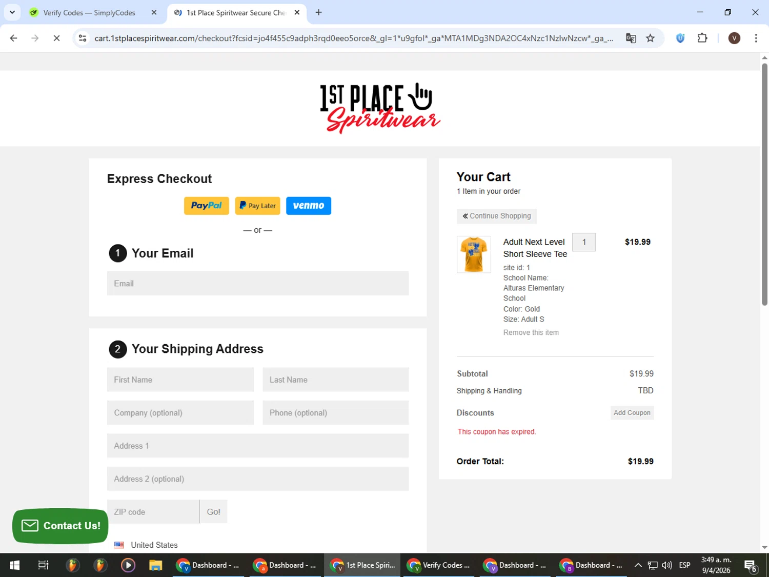 1st Place Spiritwear promo code screenshot showing code SPIRIT15 applied at 1st Place Spiritwear checkout page. Uploaded by SimplyCodes community member CashLion3448 on Apr 9, 2026