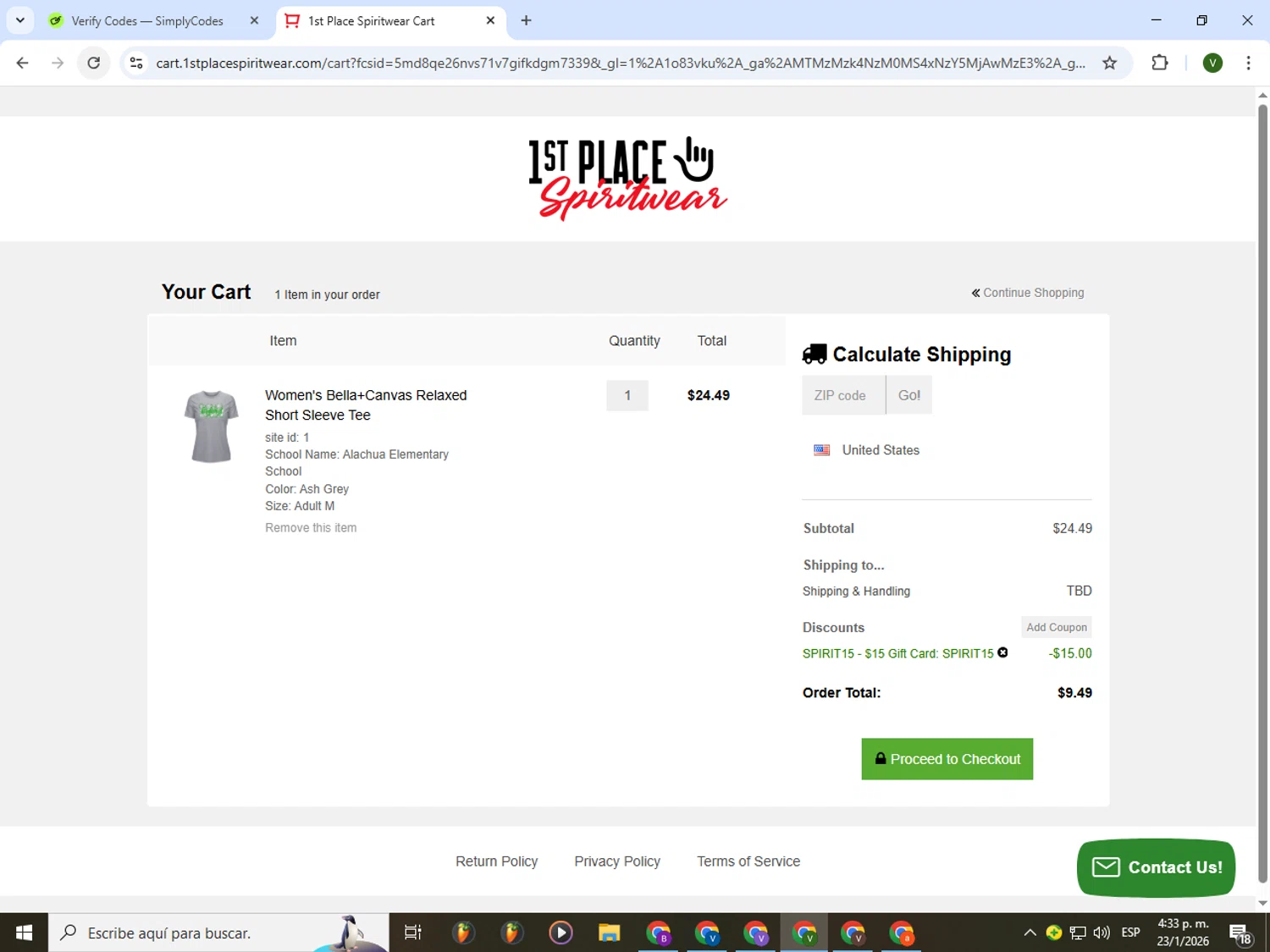 1st Place Spiritwear checkout page showing 1st Place Spiritwear coupon code box | Screenshot taken by SimplyCodes community member on Jan 23, 2026