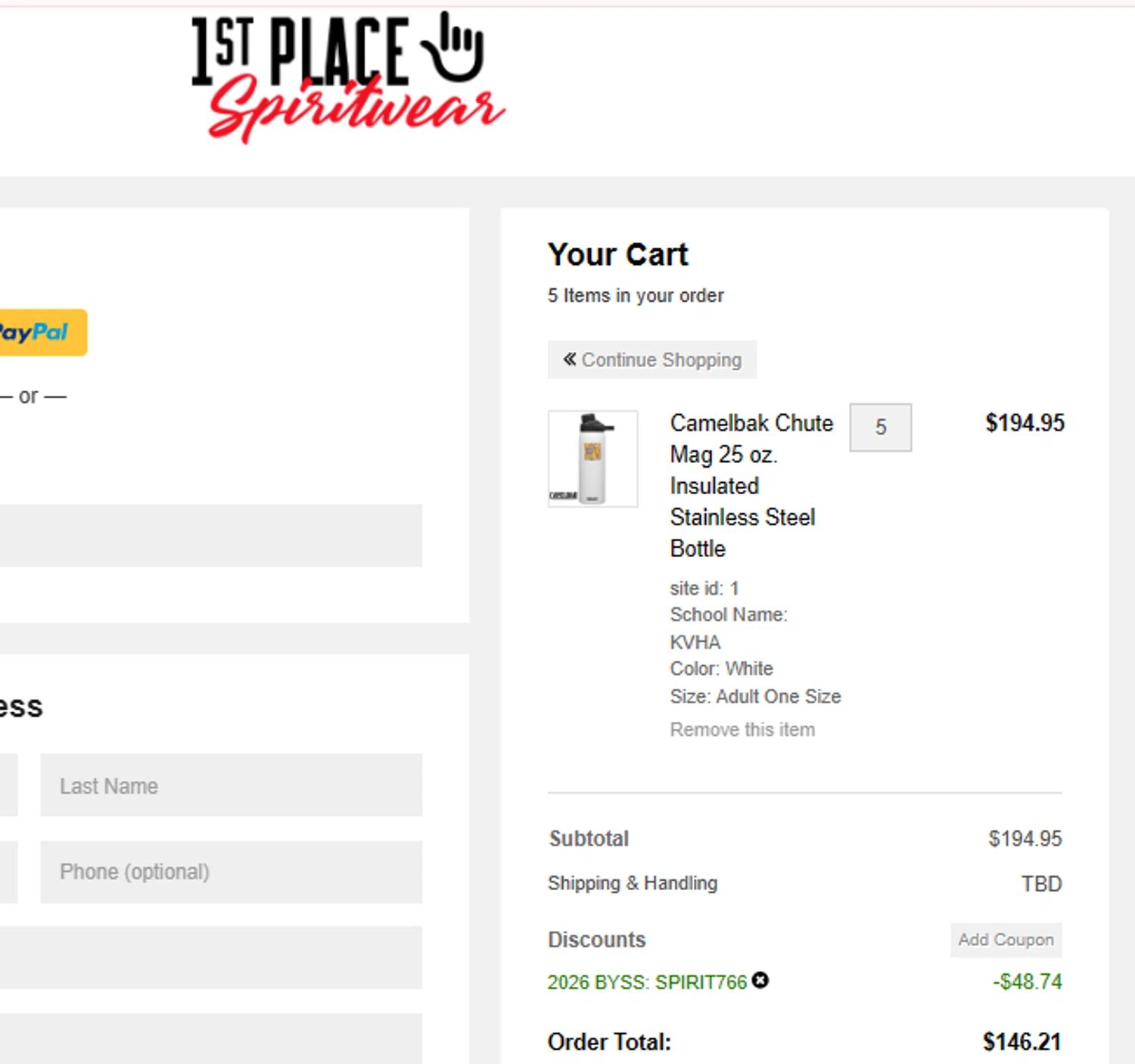 1st Place Spiritwear promo code screenshot showing code SPIRIT766 applied at 1st Place Spiritwear checkout page. Uploaded by SimplyCodes community member SilverMakeup on Feb 7, 2026