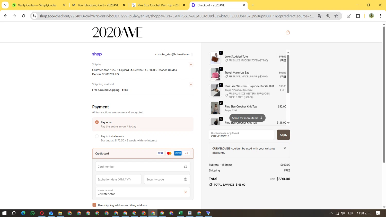 2020AVE promo code screenshot showing code CURVELOVE15 applied at 2020AVE checkout page. Uploaded by SimplyCodes community member FundoSinai on Nov 28, 2025