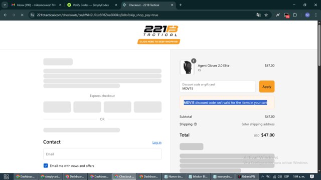 221B Tactical checkout page showing 221B Tactical promo code box | Screenshot taken by SimplyCodes community member on Sep 1, 2025