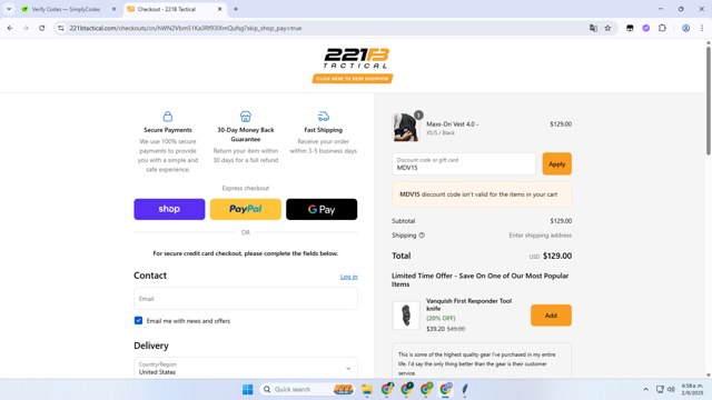 221B Tactical checkout page showing 221B Tactical promo code box | Screenshot taken by SimplyCodes community member on Sep 2, 2025