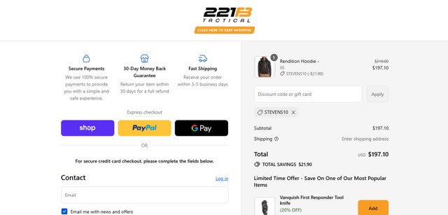 221B Tactical checkout page showing 221B Tactical promo code box | Screenshot taken by SimplyCodes community member on Sep 1, 2025