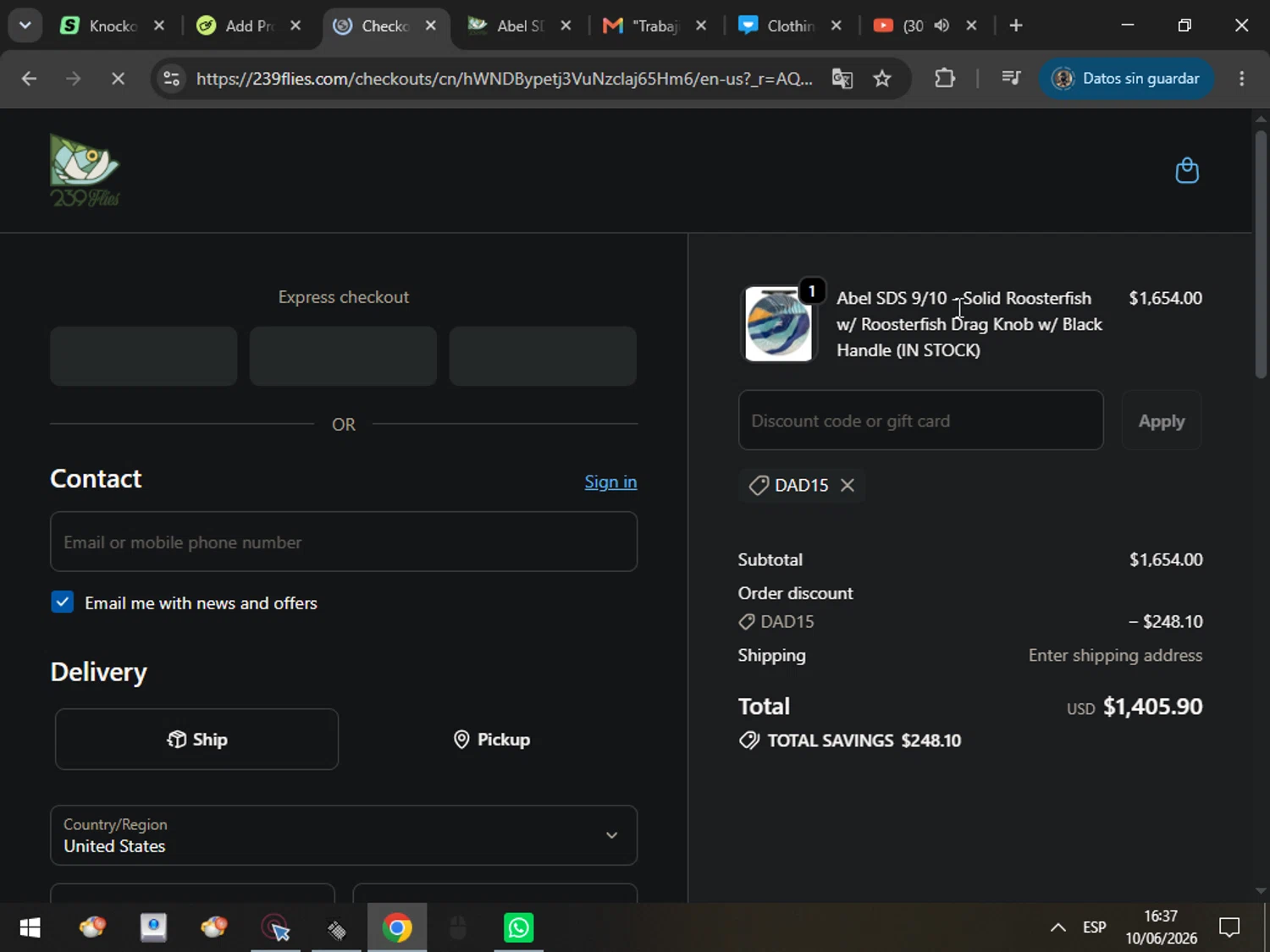 239 Flies promo code screenshot showing code DAD15 applied at 239 Flies checkout page. Uploaded by SimplyCodes community member MarcosAranguren on Jun 10, 2026