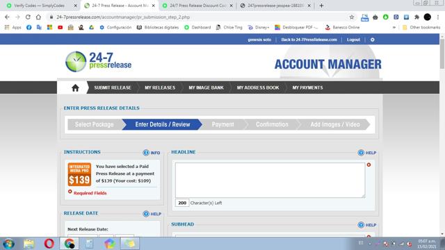 24/7 Press Release checkout page showing 24/7 Press Release promo code box | Screenshot taken by SimplyCodes community member on Feb 15, 2021
