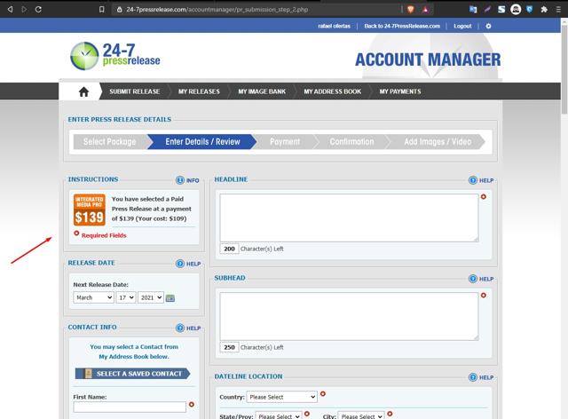 24/7 Press Release checkout page showing 24/7 Press Release promo code box | Screenshot taken by SimplyCodes community member on Mar 16, 2021