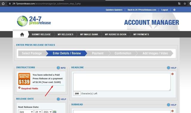 24/7 Press Release checkout page showing 24/7 Press Release promo code box | Screenshot taken by SimplyCodes community member on Aug 2, 2021