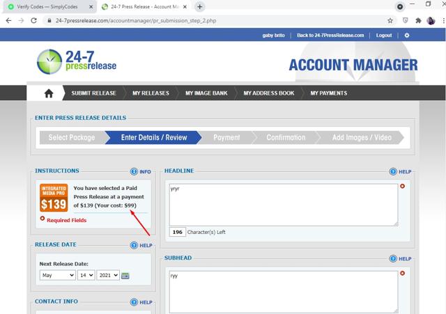 24/7 Press Release checkout page showing 24/7 Press Release promo code box | Screenshot taken by SimplyCodes community member on May 13, 2021