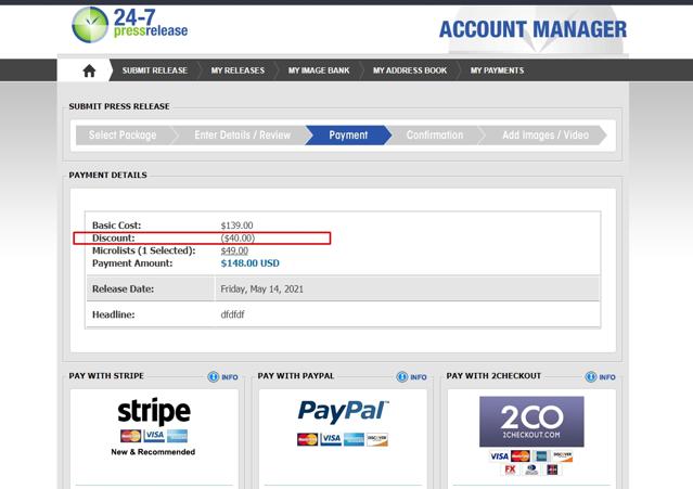 24/7 Press Release checkout page showing 24/7 Press Release promo code box | Screenshot taken by SimplyCodes community member on May 13, 2021