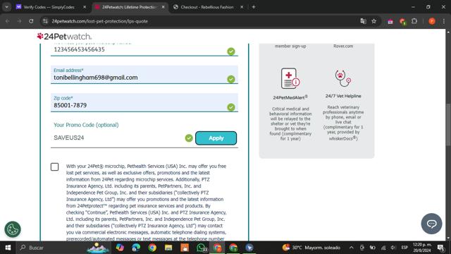 24PetWatch checkout page showing 24PetWatch promo code box | Screenshot taken by SimplyCodes community member on Aug 20, 2024