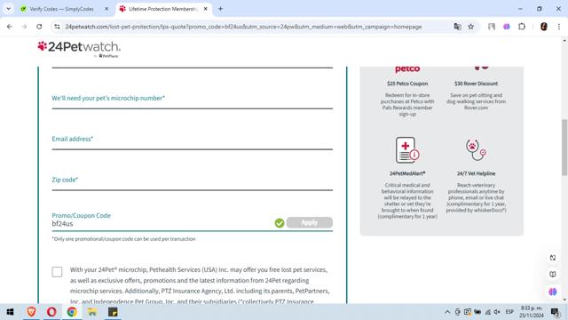 24PetWatch checkout page showing 24PetWatch promo code box | Screenshot taken by SimplyCodes community member on Nov 26, 2024